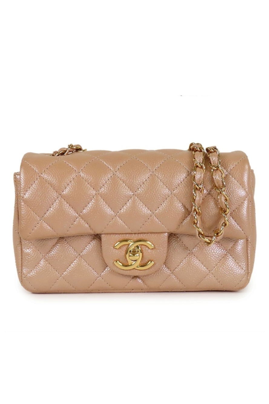 Chanel Single Flap Chain Shoulder Bag Metallic Beige Caviar Leather Mini